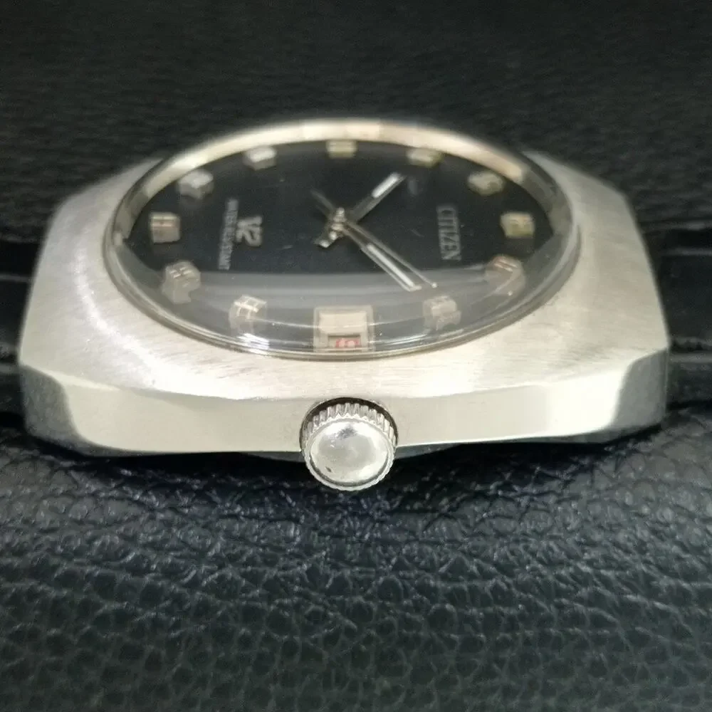 Vintage 1972 Citizen Manual Wound Mens Silver Watch W/Date & Crystal accents